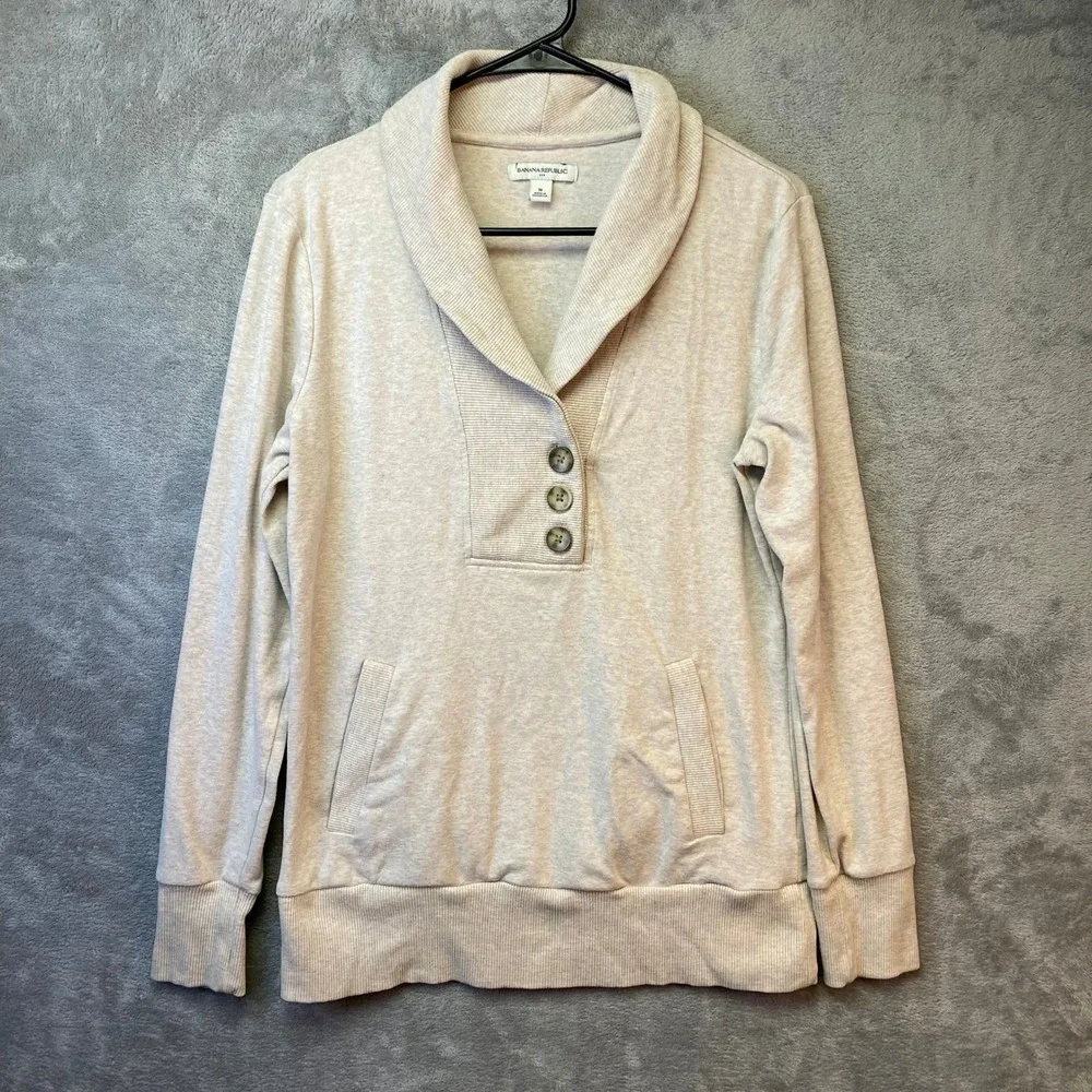 Banana Republic Pullover Mens M Shawl Collar Beige Button Front EUC